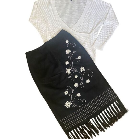 Vintage Plaza South Midi Skirt Black Beaded Fringe Boho Back Zipper Slit Size 12 - Picture 1 of 8